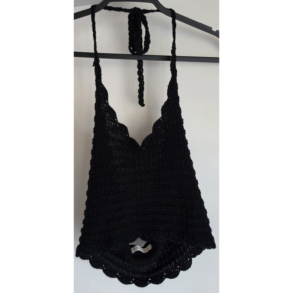 Phanuel Halter Top Women M Black Sleeveless Casual Tank Blouse Boho Crochet